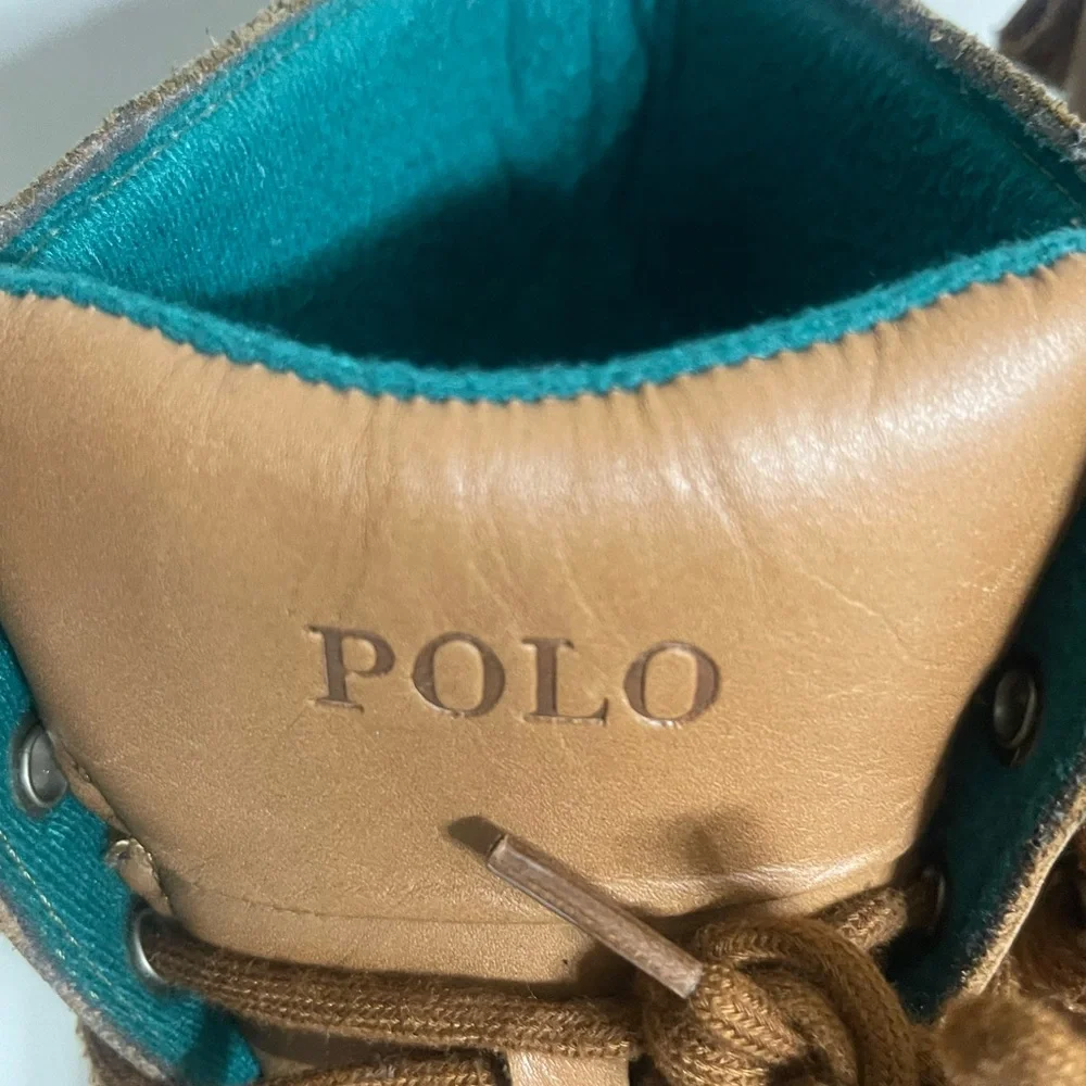Ralph Lauren Tan Leather Ranger Buckled Lace up‎ Boots with Teal Lining Size 6